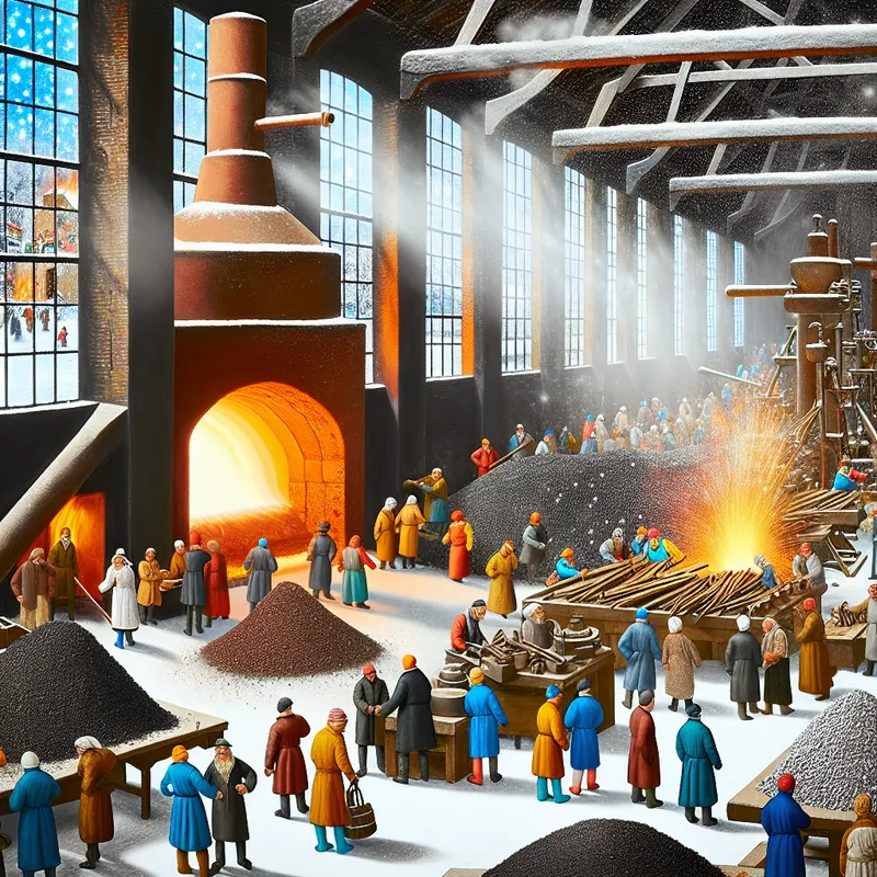 Drukke fabrieksscène met een grote industriële oven voor het smelten van staal, omringd door kleine figuren die verschillende activiteiten uitvoeren.