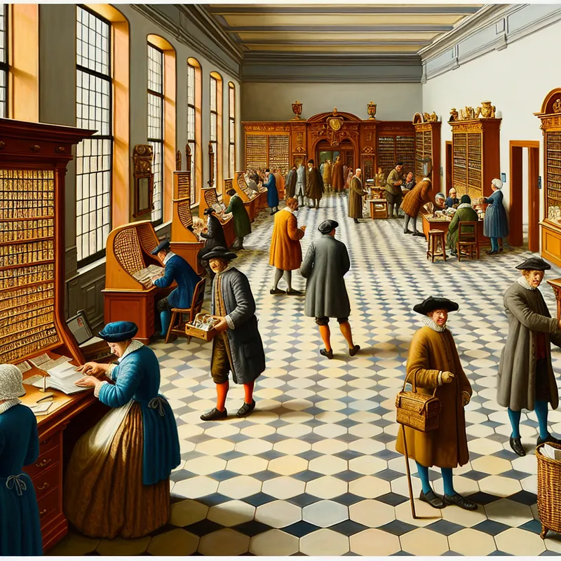 Druk informatie-kantoor in winterse sfeer, geïnspireerd op Hendrick Avercamp, met medewerkers aan receptie en in postkamer