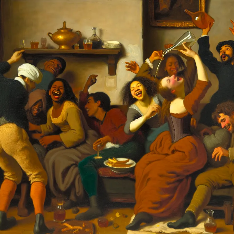 Groep jonge mensen die informeel feesten in een gezellige woonkamer, geschilderd in de levendige stijl van Frans Hals met warme kleuren en dynamische penseelstreken