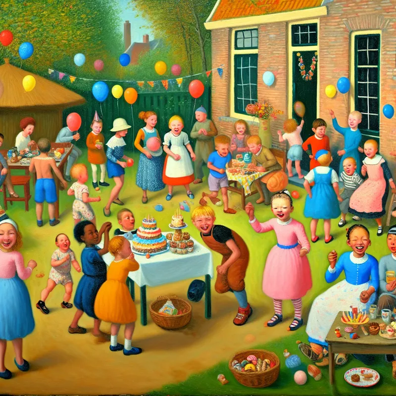 Een levendige scène van een informeel kinderfeestje in een vrolijke tuin vol met ballonnen en slingers.