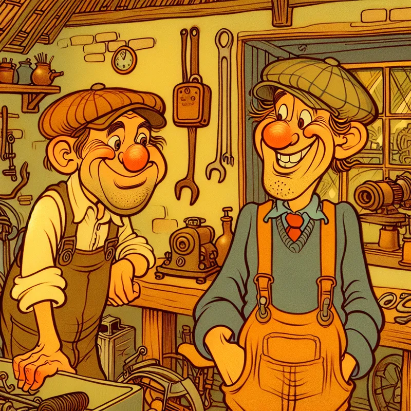 Cartoonachtige scène van een vader en zoon die samen aan een auto sleutelen in een gezellige garage, illustratie van het informele woord voor vader in het Nederlands