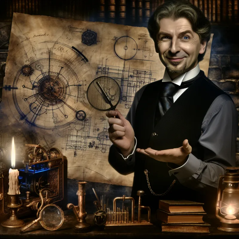 Zelfverzekerde man in een donkere werkplaats met gereedschap en blauwdrukken, symbool voor expertise en vakmanschap in informele context