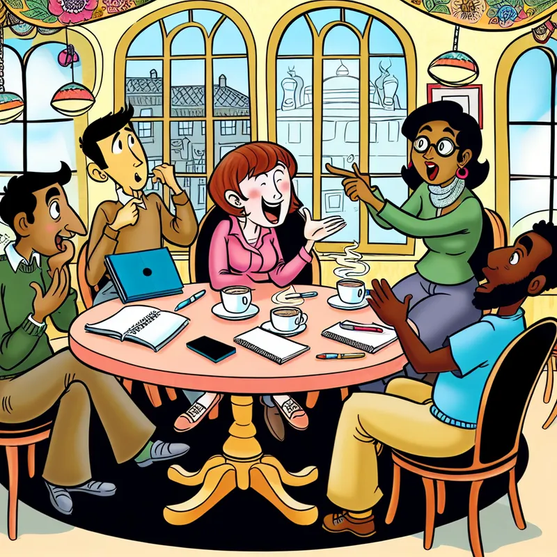 Een kleurrijke cartoonillustratie van een informele vergadering in een gezellig café met diverse personen die ideeën uitwisselen.
