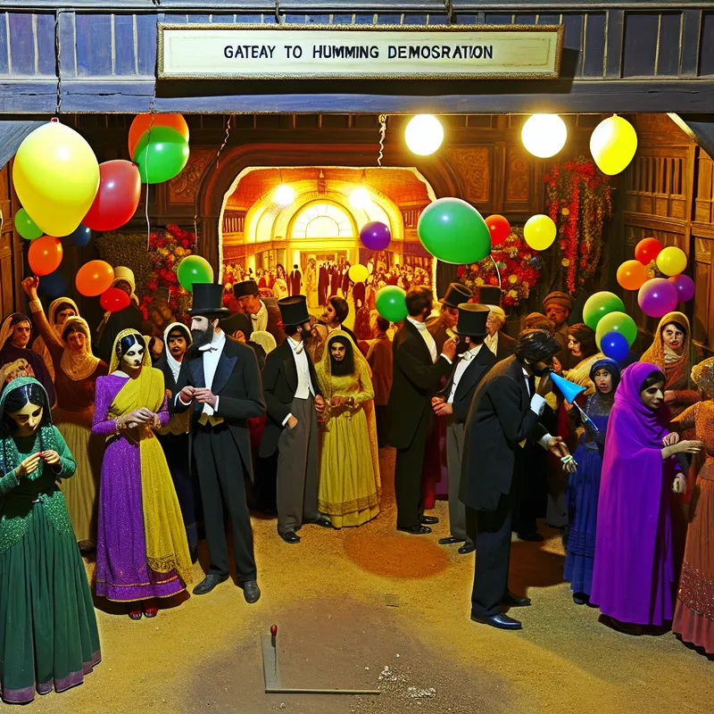 Een levendig en humoristisch beeld van de ingang van een evenement versierd met kleurrijke ballonnen en decoraties, waar mensen in formele kleding enthousiast chatten en kinderen speels de ballonnen proberen te laten knappen.