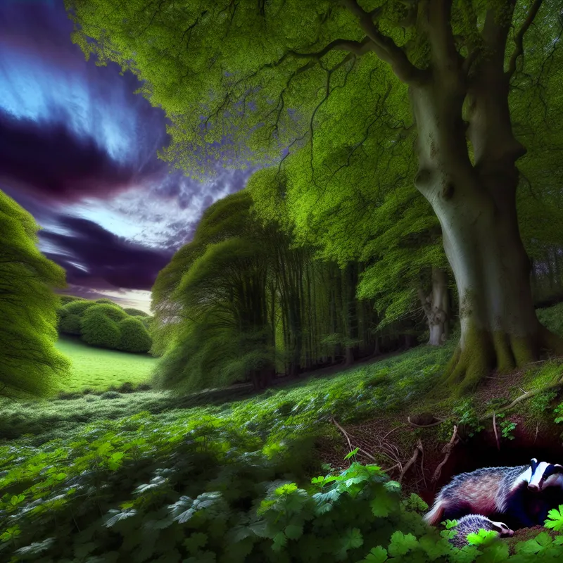 Een nieuwsgierige das kijkt vanuit zijn hol in een schilderachtige bosomgeving bij schemering.