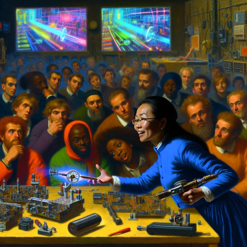 Ingenieur demonstreert nieuwe technologie in een drukke werkplaats, omringd door gereedschap en schermen.