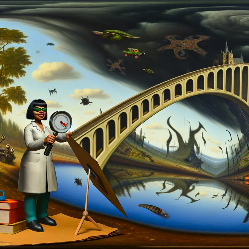 Een surrealistische afbeelding van een ingenieur die de tilt van een vreemde brug inspecteert in een droomachtige landschap.
