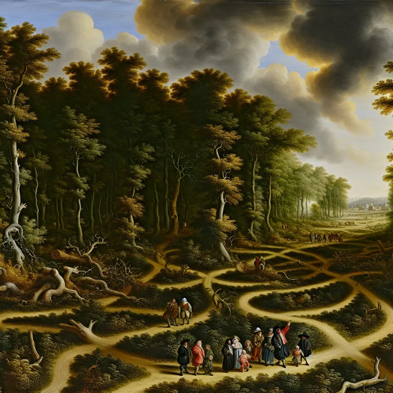 Dramatisch landschap in de stijl van Jacob van Ruisdael met een kronkelend pad door een dicht bos, symboliserend voor een ingewikkelde situatie of relatie