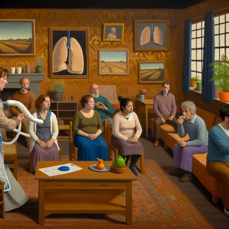 Een diverse groep patiënten volgt een inhalatiecursus, geleid door een enthousiaste docente, in een gezellige kamer.