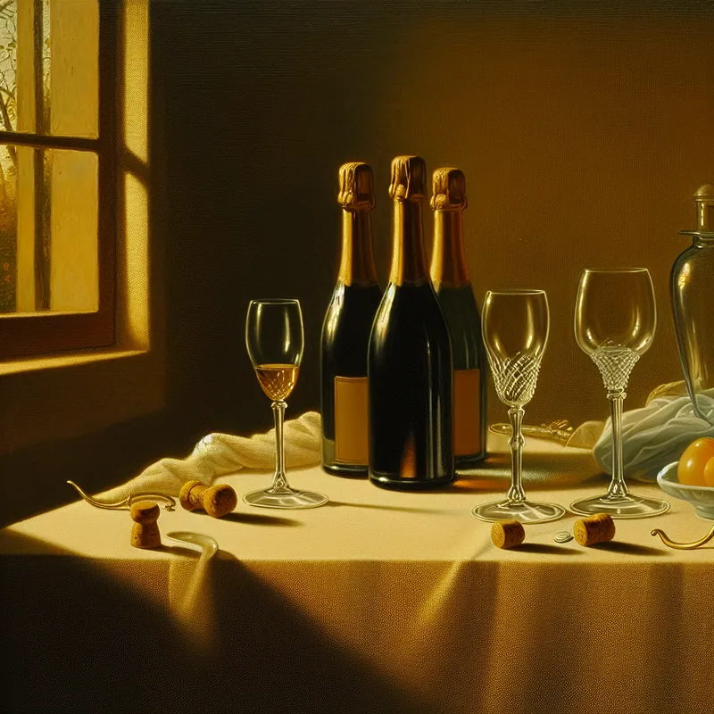 Stilleven met geopende fles rode wijn, halfvol wijnglas en drie ongeopende champagneflessen op een tafel, Vermeer-stijl