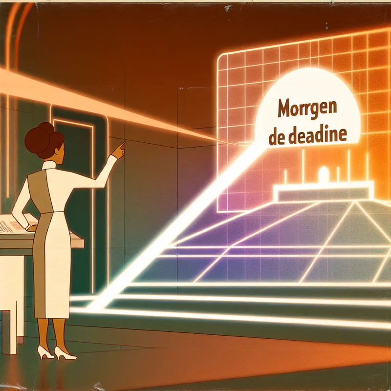 Illustratie van een persoon die een belangrijke mededeling inleidt met de tekst 'morgen is de deadline' op een futuristisch scherm, gericht op taalonderwijs en communicatie