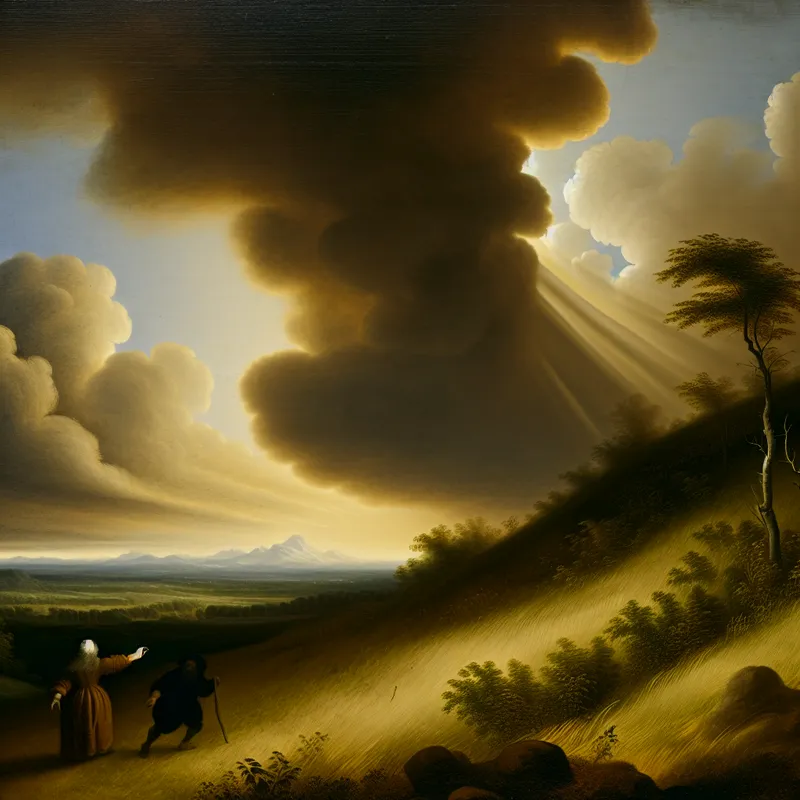 Dramatisch landschap in de stijl van Jacob van Ruisdael met een eenzame figuur die een ander helpt op een heuvel, symbool voor innerlijk karakter en compassie