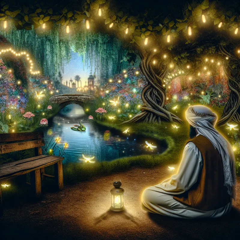 Persoon in meditatieve houding omringd door vuurvliegjes en bloemen in een sprookjesachtige tuin bij schemering, symboliserend innerlijke rust en tevredenheid