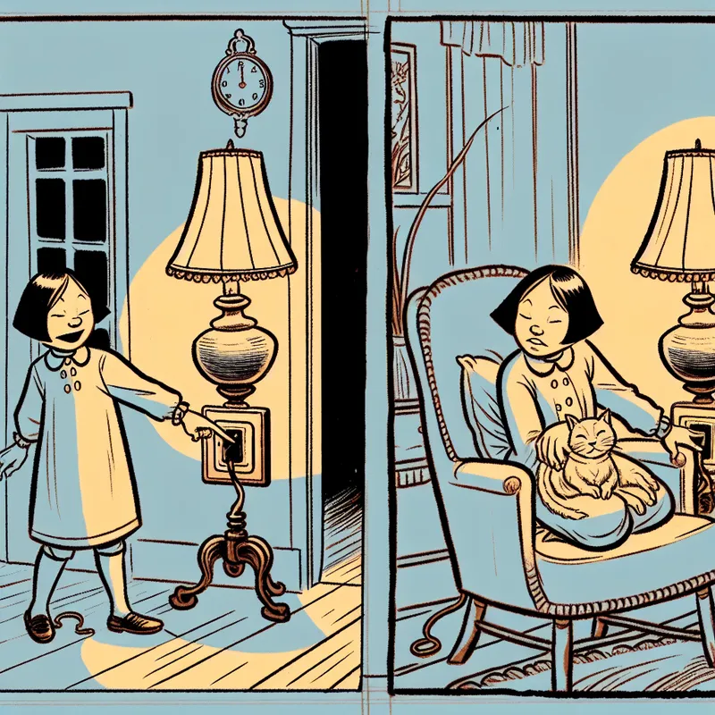 Cartoonachtige woonkamer met een personage dat een vintage lamp inschakelt, zachte gloed rond de schakelaar