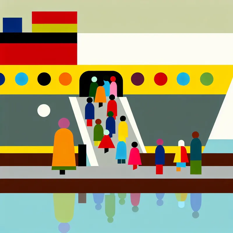 Minimalistische illustratie van mensen die een schip inschepen via een loopplank, in de stijl van Dick Bruna