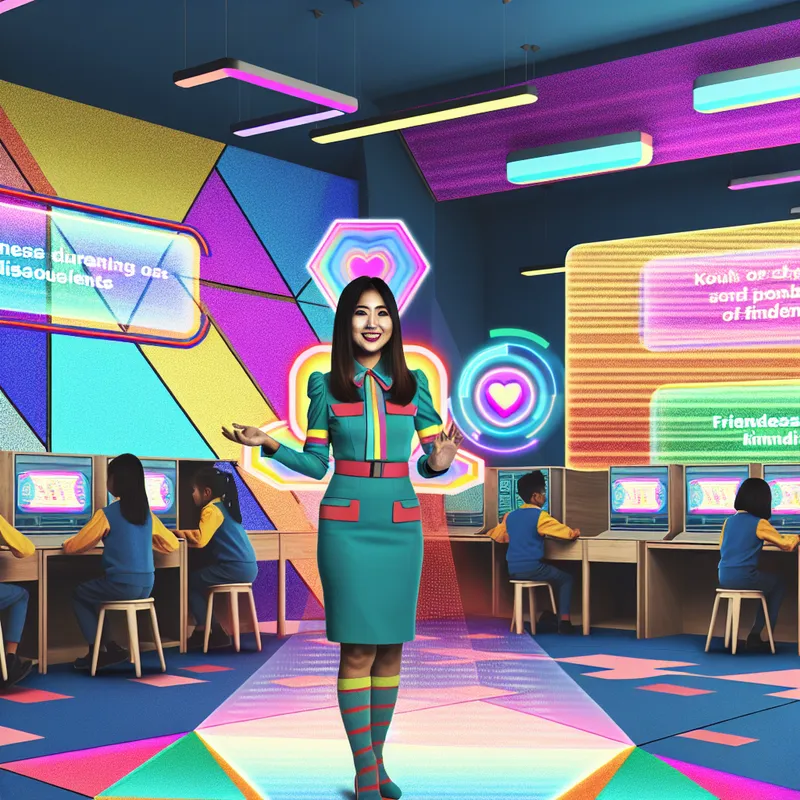 Een zelfverzekerde jonge vrouw helpt haar klasgenoten in een geometrisch klaslokaal, omringd door holografische displays met boodschappen over vriendelijkheid en samenwerking.