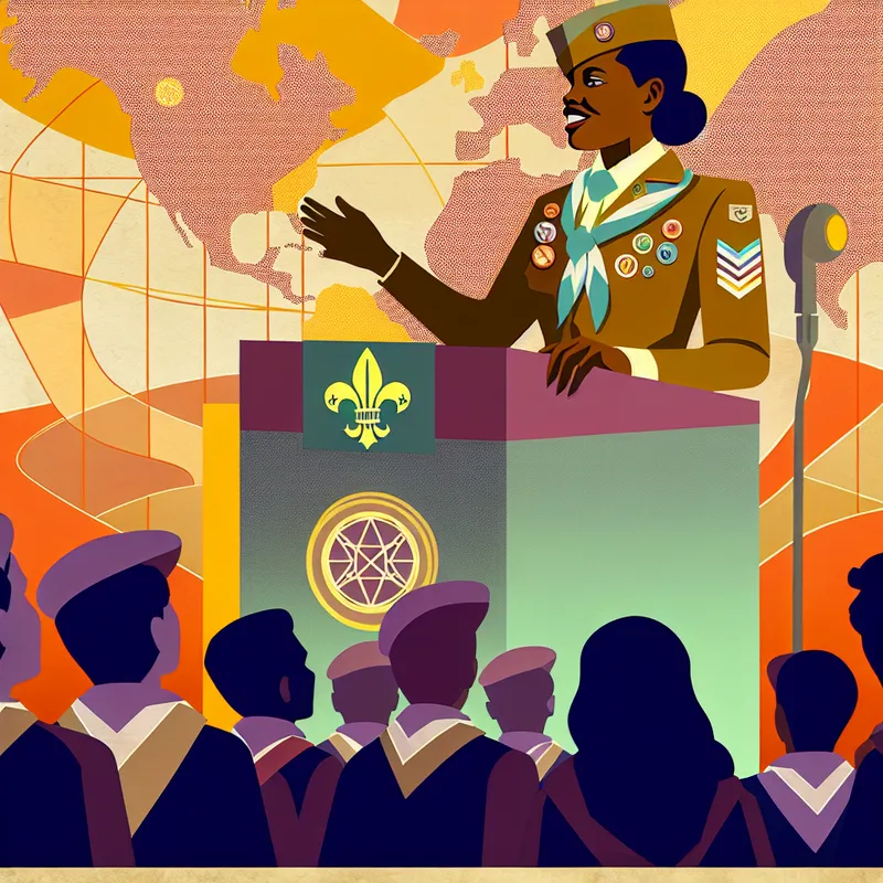 Charismatische leider in scoutinguniform spreekt een diverse groep jonge scouts toe tijdens een internationale bijeenkomst, met wereldkaart en scoutingemblemen op de achtergrond