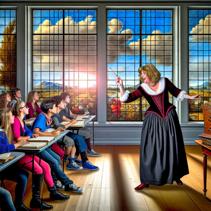 Een toegewijde leraar geeft les in een klaslokaal met een inspirerend uitzicht op een groen landschap.