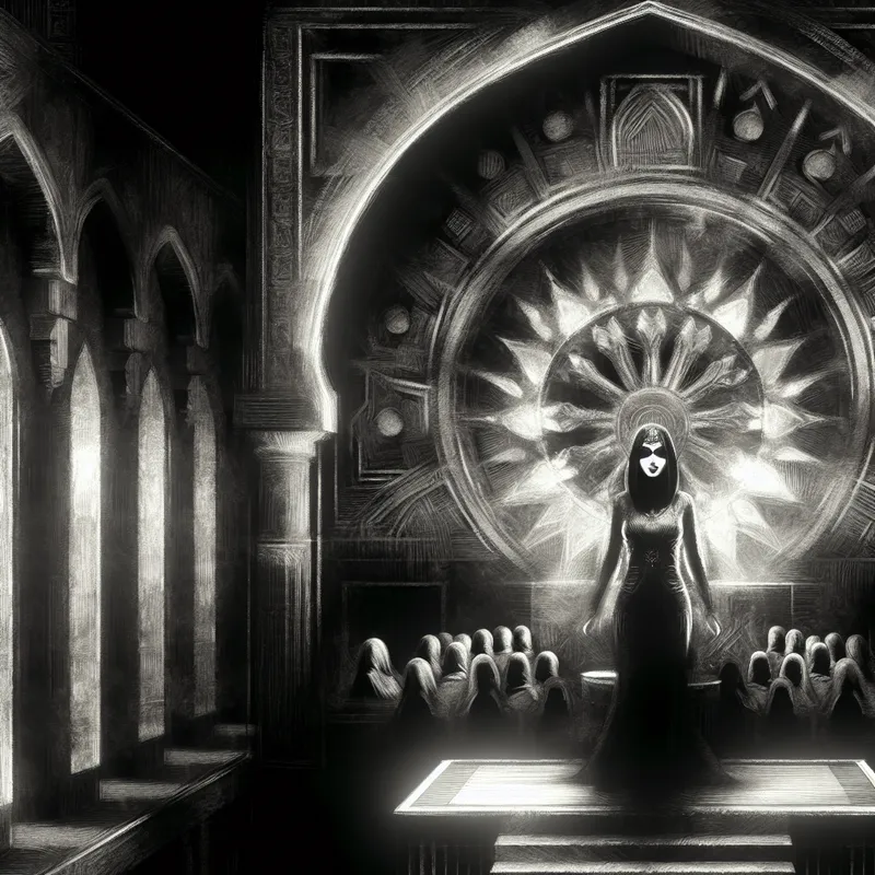 Een vrouw op een podium in een gotische zaal, geïnspireerd door Félicien Rops' stijl.