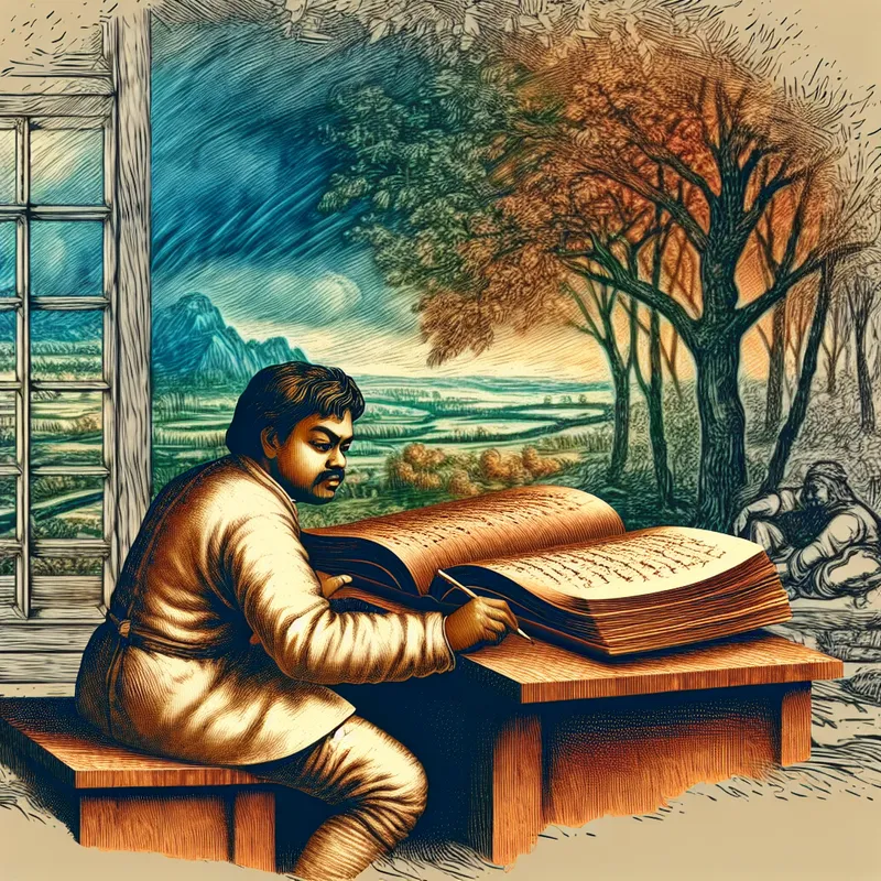 Persoon schrijft in notitieboek aan houten bureau omgeven door natuur