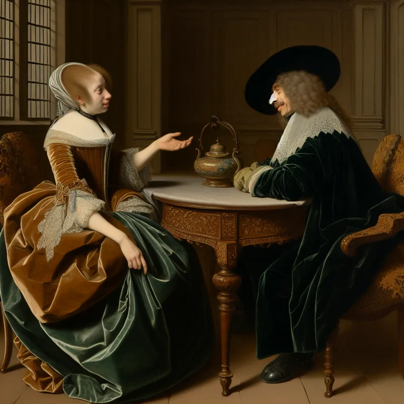 Twee elegante personen in 17e-eeuwse Nederlandse kleding zitten aan een tafel en tonen instemming tijdens een bespreking