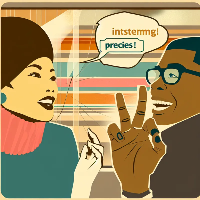 Twee mensen in een retro-futuristische setting uit de jaren 60 hebben een gesprek en drukken instemming uit met het woord 'Precies!' in een spraakwolk