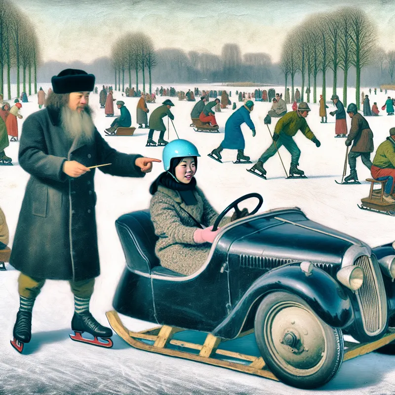 Instructeur geeft rijles op een bevroren kanaal in een levendige winterse setting, met een vintage auto op schaatsen