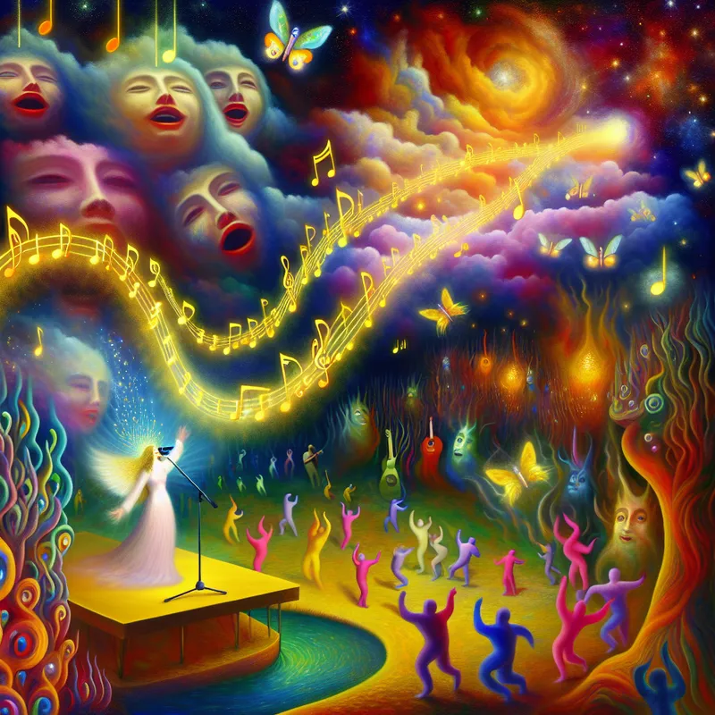 Surrealistisch concert met stralende zanger en dansende fantasiewezens in een euforische, dromerige wereld, geïnspireerd op Hieronymus Bosch