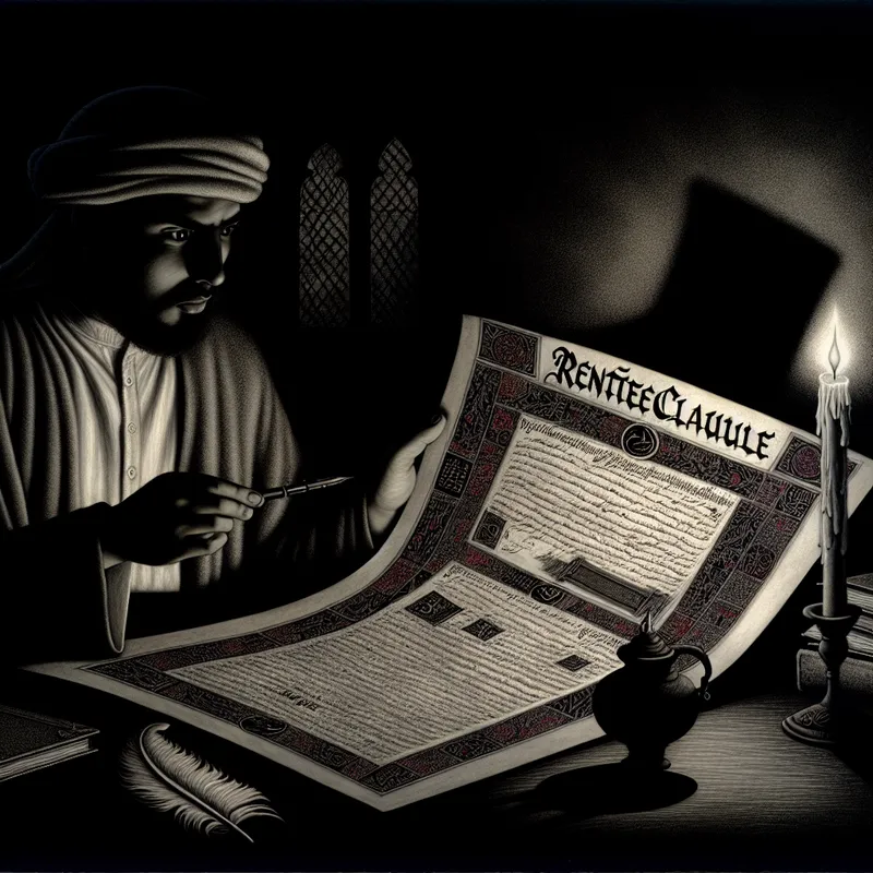 Een persoon leest intensief een groot, gedetailleerd juridisch document bij kaarslicht, met een nadruk op de renteclausule.