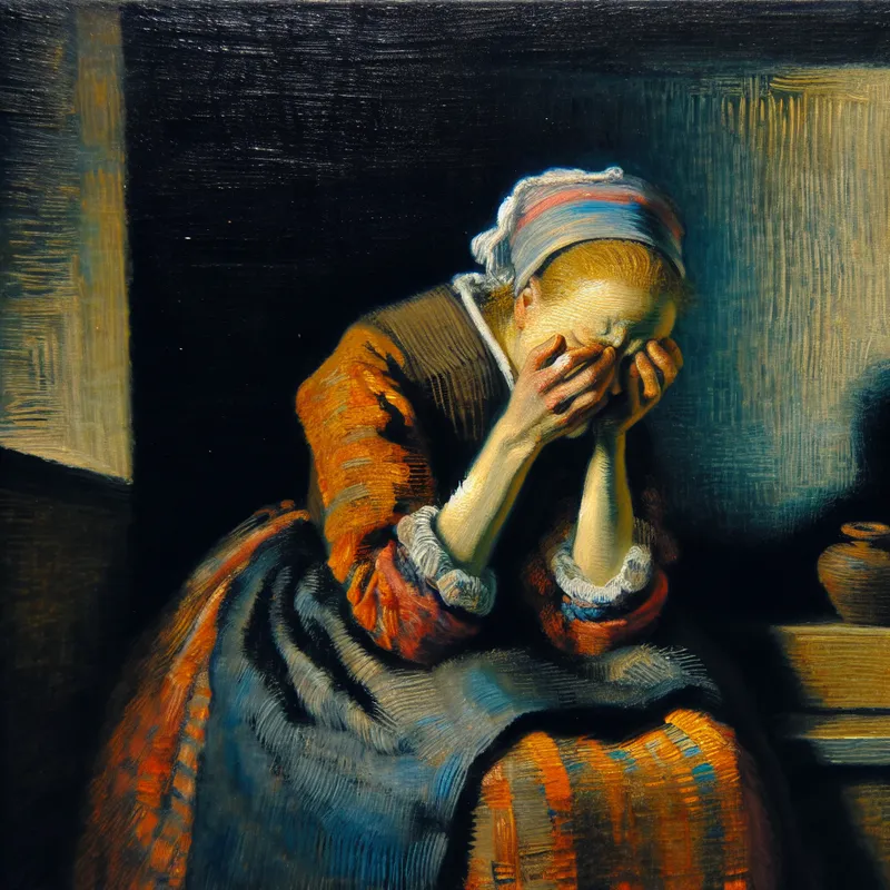 Vrouw in diepe rouw met tranen, geschilderd in expressieve stijl van Frans Hals