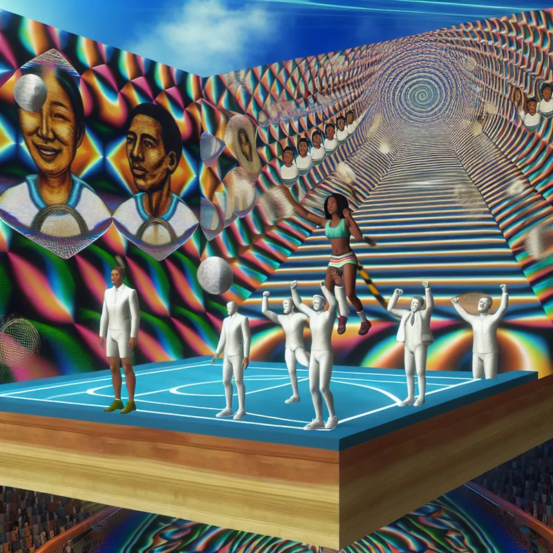 Een illustratie van een intense competitie met een diverse groep atleten in een surrealistische, geometrische arena die lijkt op een oneindige trap, met een triomferende atleet die zijn armen in de lucht steekt te midden van dynamische patronen die energie en punten weergeven.