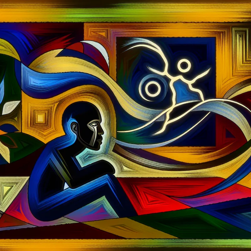 Een persoon in een chaotische omgeving, omgeven door felle kleuren en geometrische vormen, die hun verdriet uitdrukt na het verlies van hun huisdier.