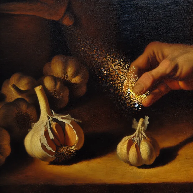 Realistisch schilderij van een hand die een vers gesneden knoflookbol vasthoudt, met zichtbare geurpartikels in dramatisch licht, symboliserend intense smaak en aroma