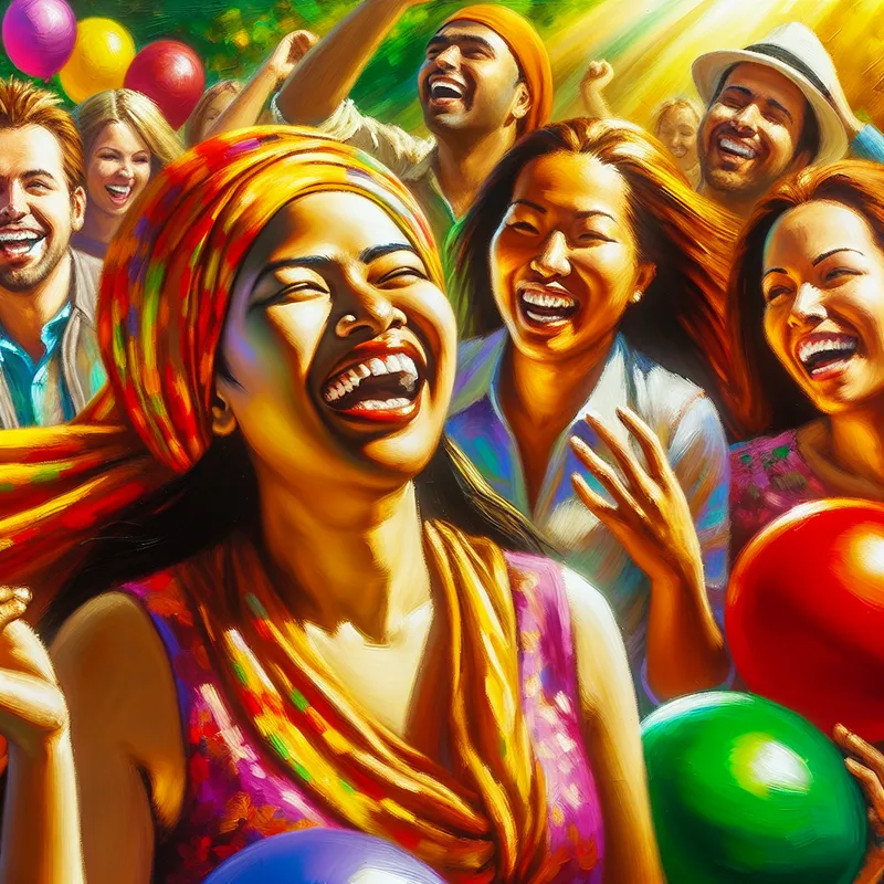 Een persoon omringd door vrienden, vol enthousiasme en blijdschap op een zonnige buitengathering.