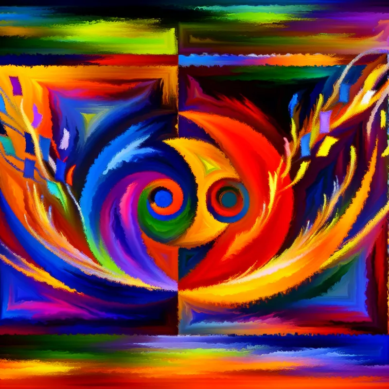 Abstracte weergave van een samenwerking tussen twee bedrijven met kleurrijke vormen en dynamische lijnen.