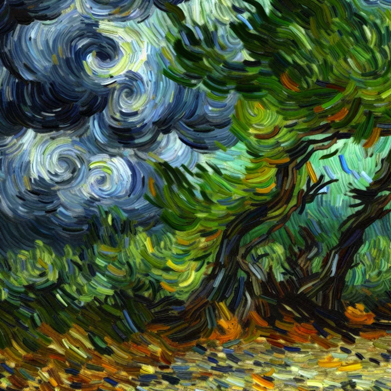 Dramatische storm met woeste wolken en buigende bomen in Van Gogh-stijl, symboliserend intense kracht en inspanning