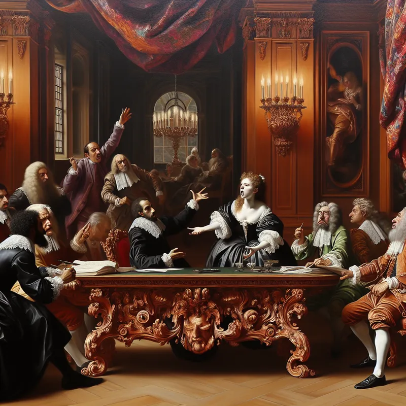 Een barokke scène van een intense vergadering in een weelderige kamer met een grote houten tafel omringd door een diverse groep elegant geklede mensen.
