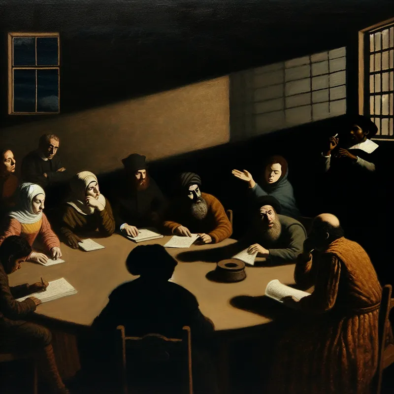 Een intensieve vergadering met een groep mensen rond een ronde tafel in een dramatisch verlichte ruimte, waar een persoon staat te gebaren terwijl anderen luisteren.