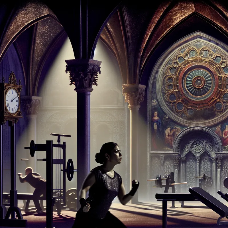 Een persoon die intensief traint in een gym met gotische architectuur, omringd door gymapparatuur en schaduwen.