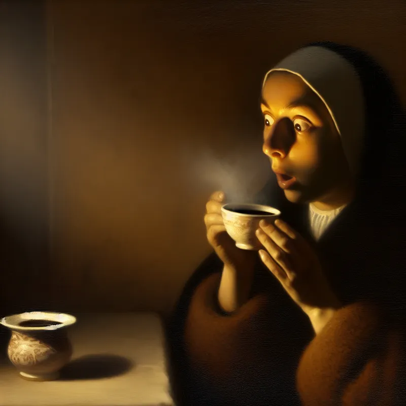 Vrouw verrast door intense smaak van donkere koffie in stille Vermeer-achtige setting met zacht licht