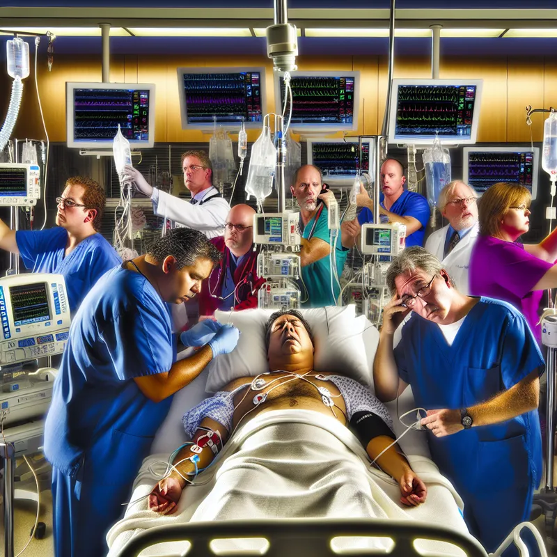 Intensive Care Unit met patiënten in bed omringd door medische staf, die zorg verlenen in een dringende situatie