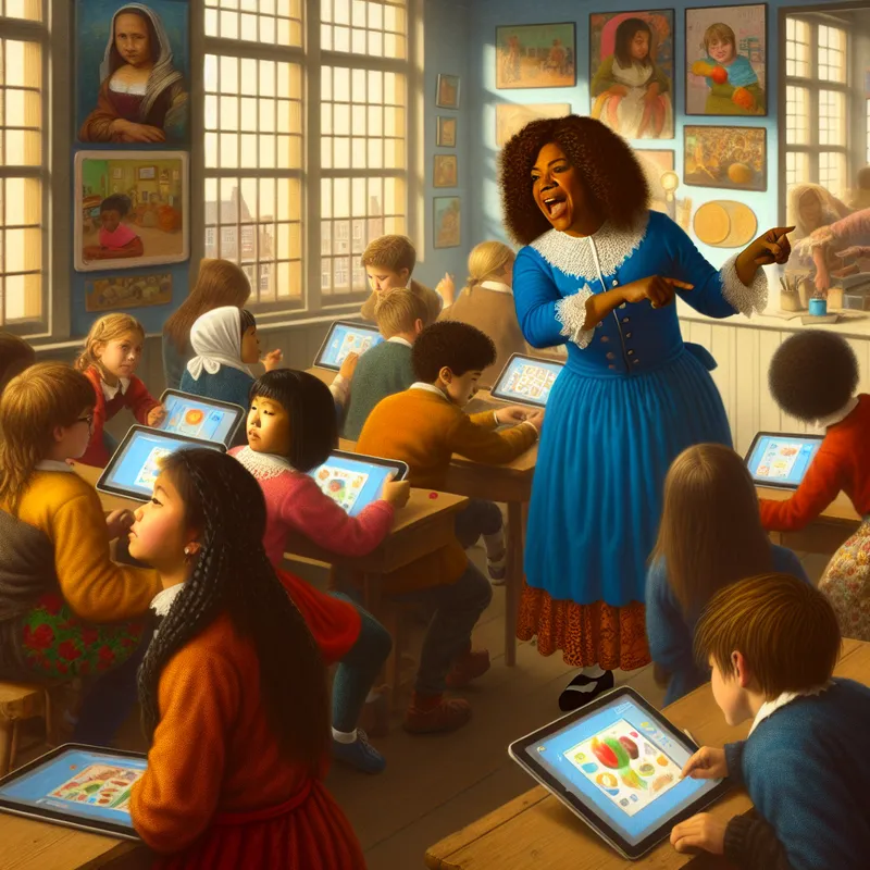 Een levendige klaslokaal scène met een enthousiaste leraar die educatieve technologie demonstreert aan geïnteresseerde studenten.