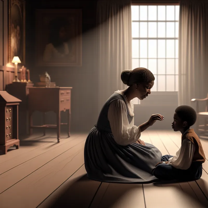 Een rustig binnen scènes met een volwassen persoon die aandachtig met een kind praat in een zacht verlichte ruimte.