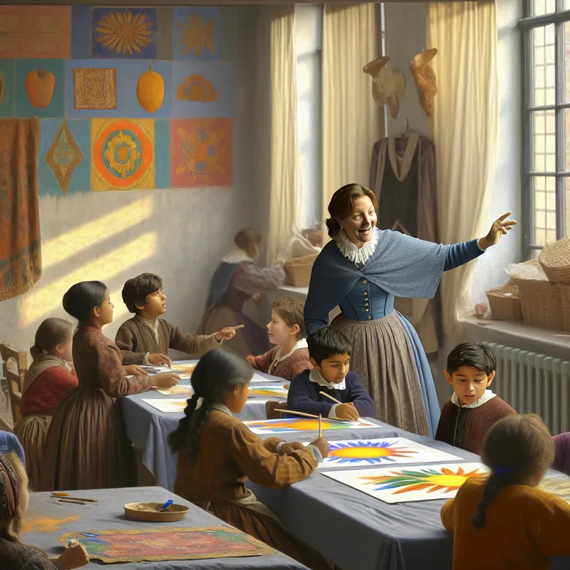 Diverse kinderen in een klaslokaal werken aan creatieve kunstprojecten onder leiding van een vriendelijke leraar.