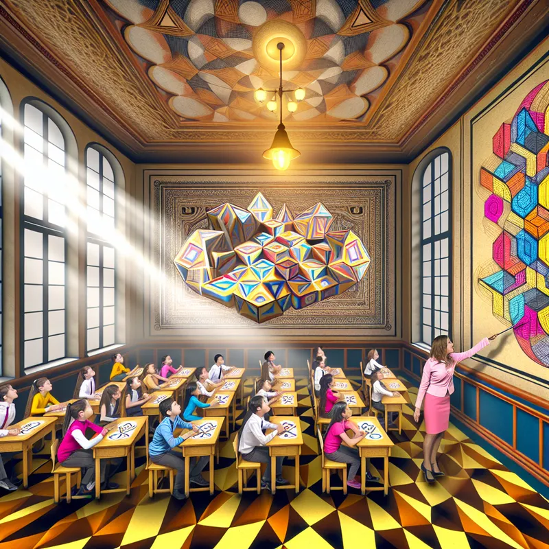 Een lerares interactie met studenten in een kleurrijke klas vol geometrische patronen en illusies.