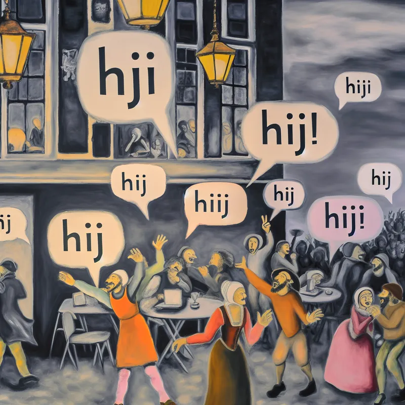 Een groep mensen in gesprek in een buiten café, met een persoon die naar Maria wijst, omgeven door kleurige spandoeken met het woord 'Hij' erop.