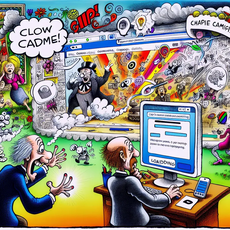 Cartoonachtige scene van een computer en mobiel apparaat die een interactieve webpagina tonen met kleurrijke afbeeldingen en speelse karakters.