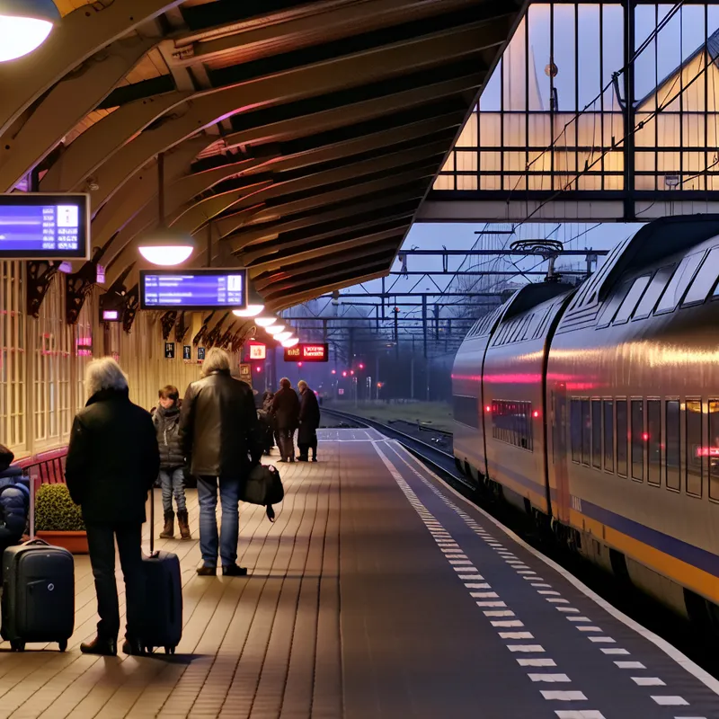 Intercity trein vertrekt vanaf een serene treinstation in de schemering