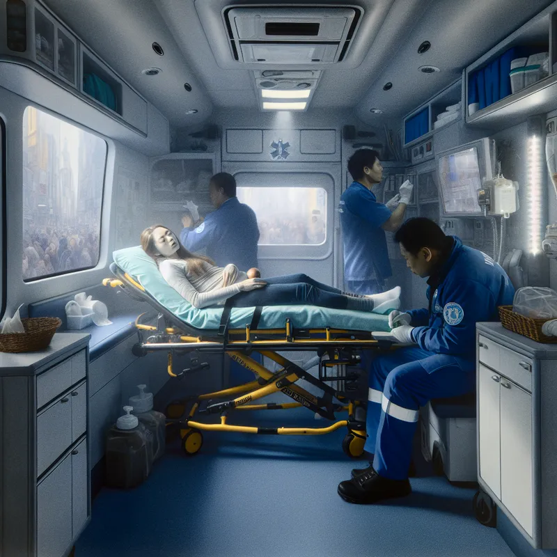 Rustieke interieur van een ambulance met een patiënt op een brancard en een paramedicus die aanspreekt op de aandacht.