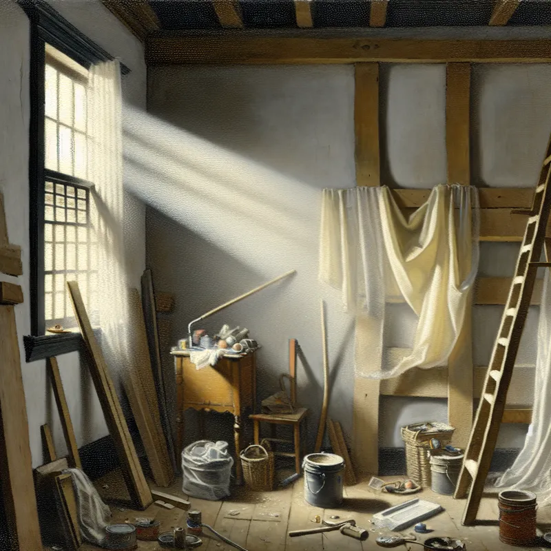 Interieur van een huis in renovatie met bouwmaterialen en diffuus licht